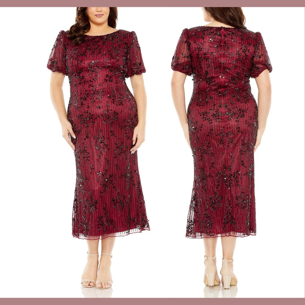 NWT Mac Duggal [ 14W ] 5940 High Neck Puff Sleeve Embellished Dress‎ Red